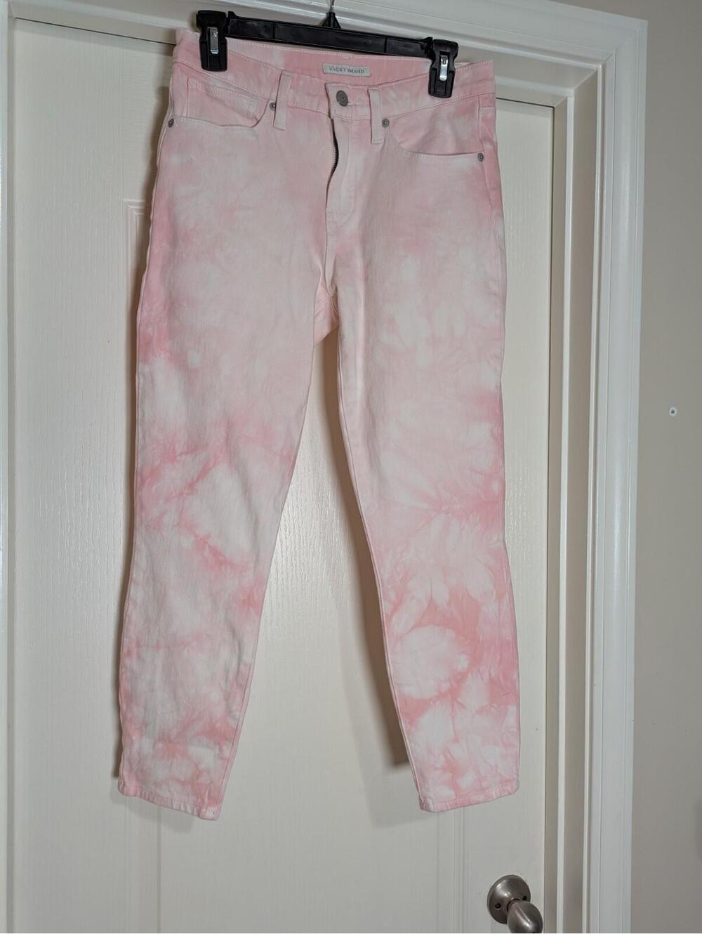 Women's Lucky Brand Pink & White Tie Dye Size 8 Mid Rise Straight Leg Jeans